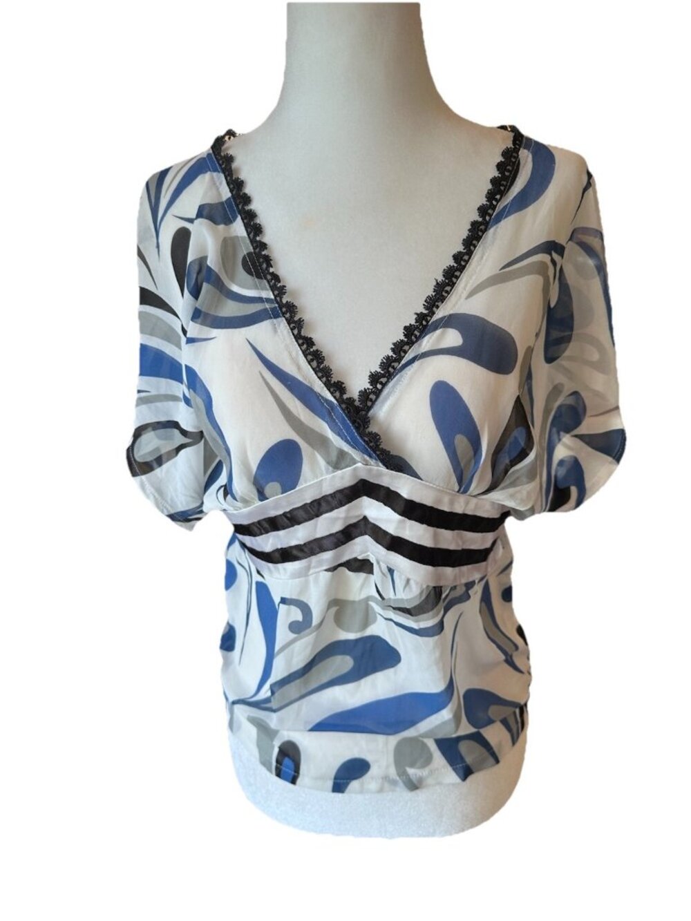 Maxine Blue White Geometric Sheer Flirty Small V Neck Blouse